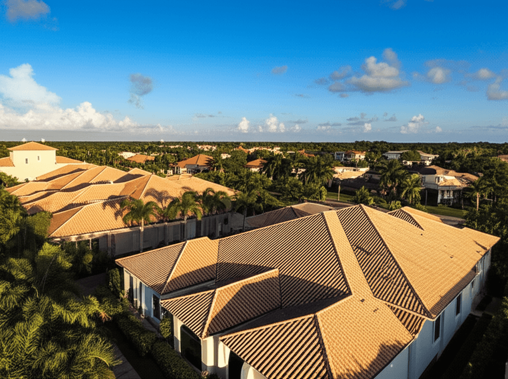 Aerial view of Naples Florida luxury homes with new roofs installed by Summit Roofing
