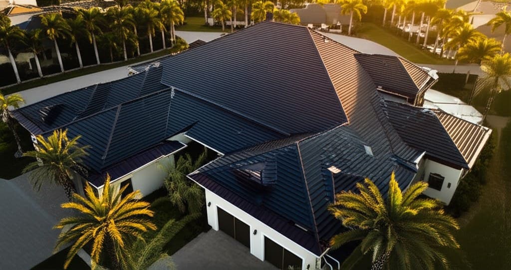 Fort Myers luxury neighborhood with premium rooftops at golden hour