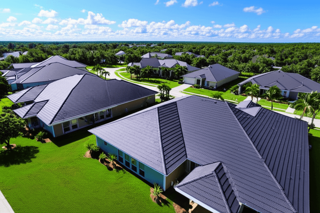 Aerial view of Ocala, FL neighborhood roofs installed by Blueprint Roofing
