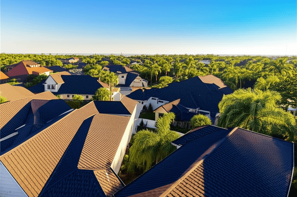 Aerial view of Panama City Florida residential neighborhood with new roofs by Vanguard Roofing