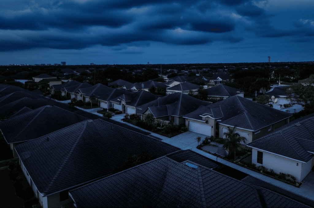 Aerial view of Tampa neighborhood rooftops at dusk